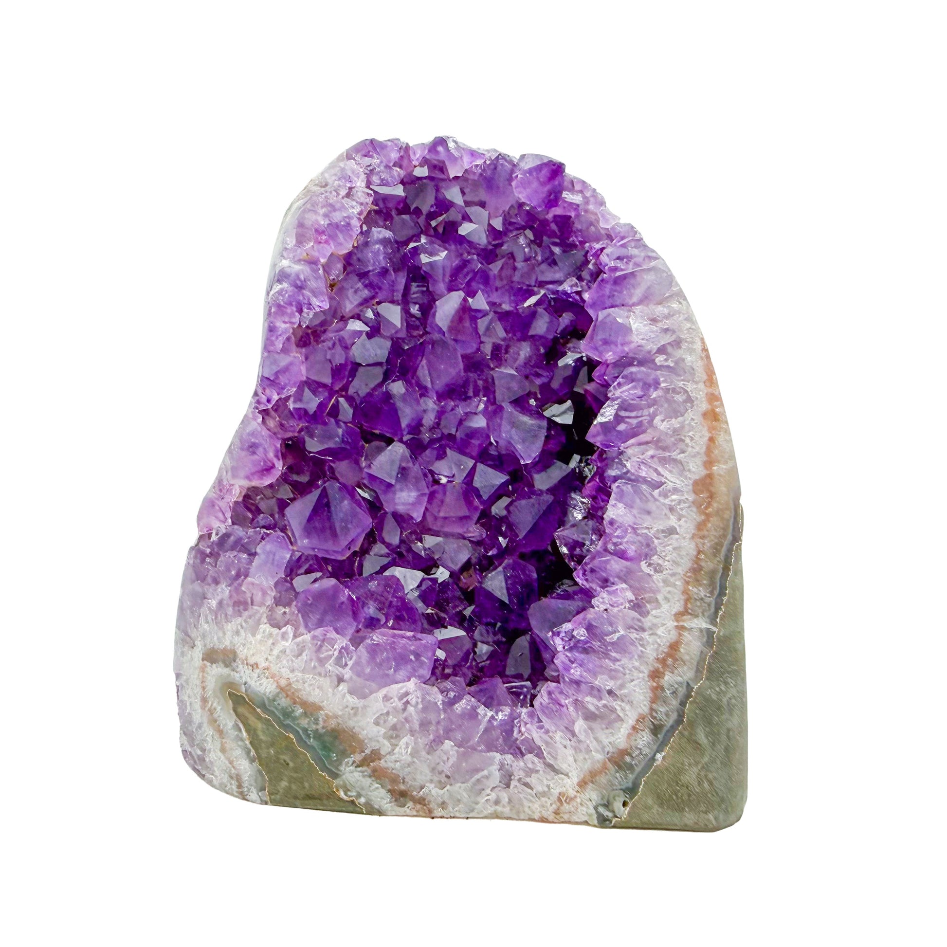 Primary crystal face of a 2.23 pound amethyst geode, no. 129, deep purple crystal lining a polished grey agate rind.