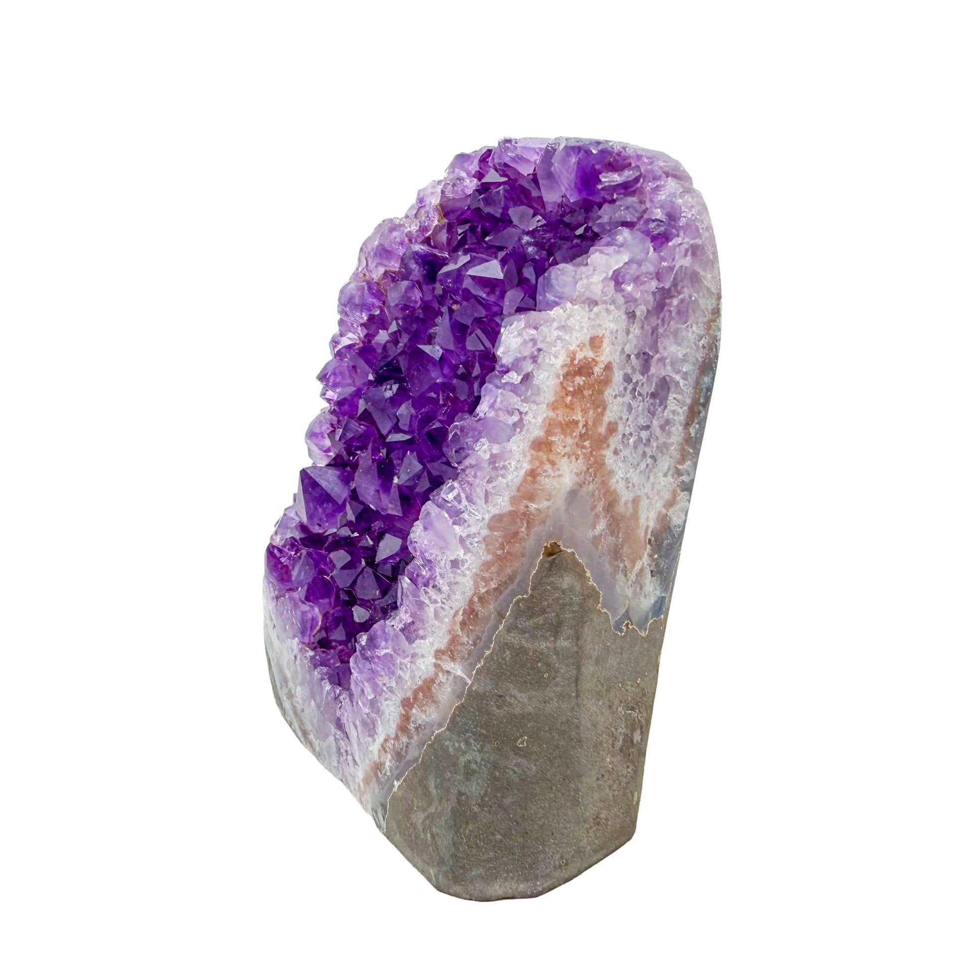 Polished amethyst geode no. 129 photographed at the angled three-quarter view, measuring 3.93 by 2.40 by 4.64 inches, Uruguayan AA grade.
