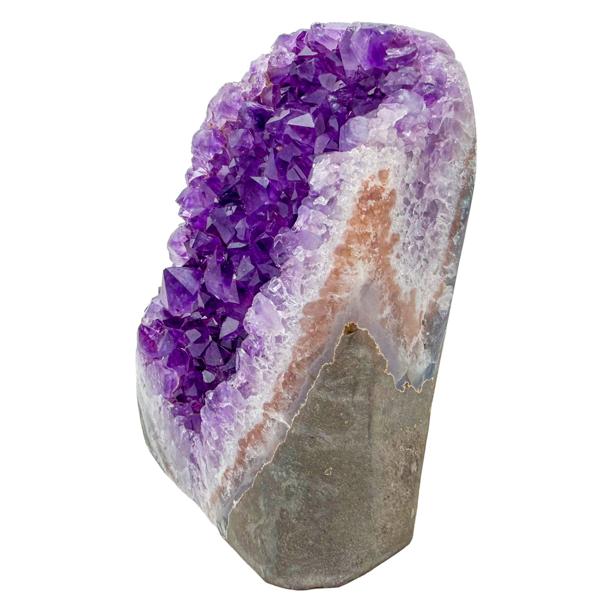 Polished amethyst geode no. 129 photographed at the angled three-quarter view, measuring 3.93 by 2.40 by 4.64 inches, Uruguayan AA grade.