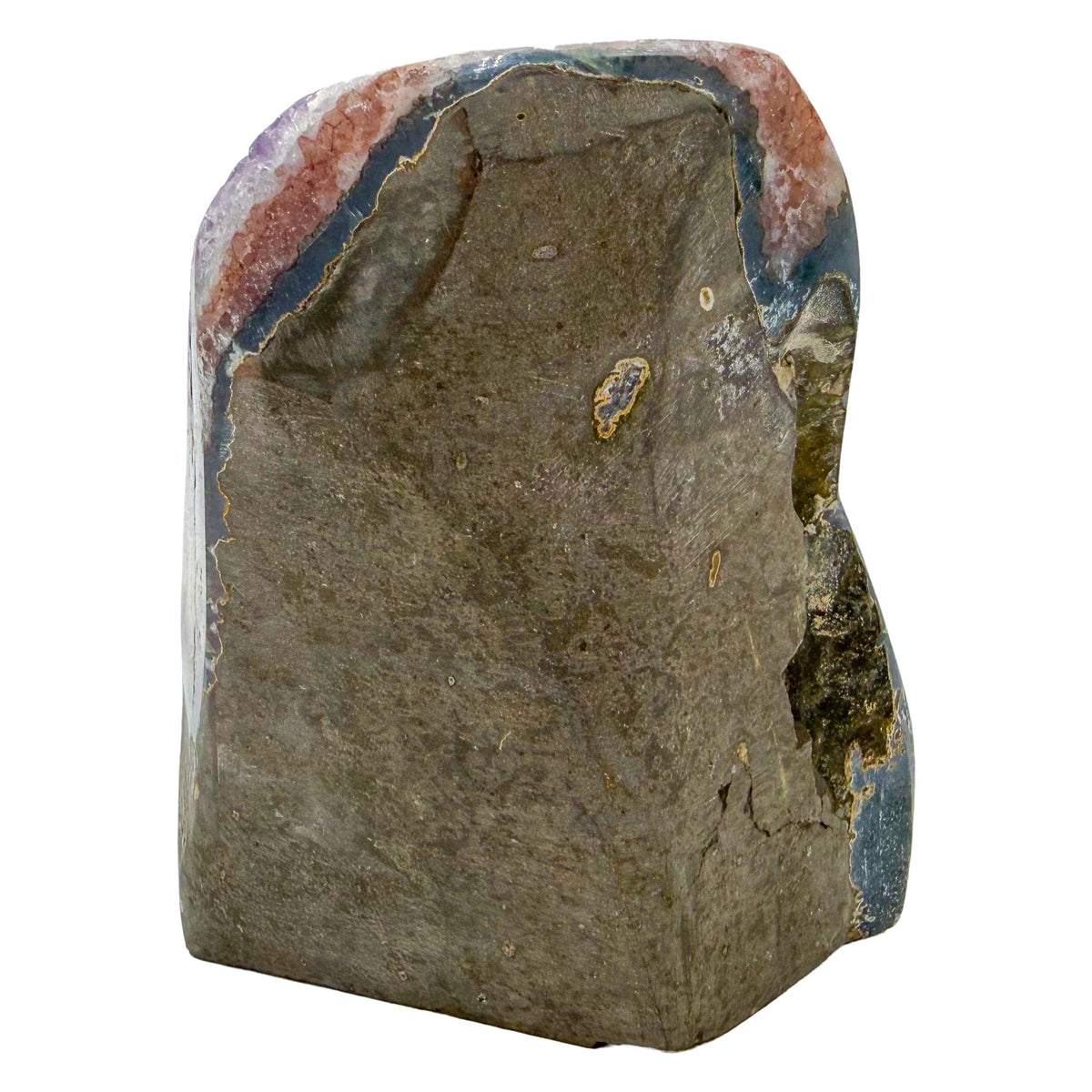 The left profile of amethyst geode no. 129, 4.64 inches of violet druzy standing on a flat cut base.