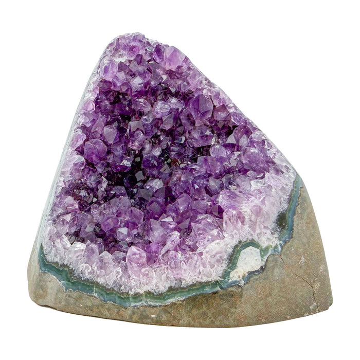 Polished amethyst geode no. 130 photographed at the primary crystal face, measuring 4.06 by 3.39 by 3.68 inches, Uruguayan AA grade.