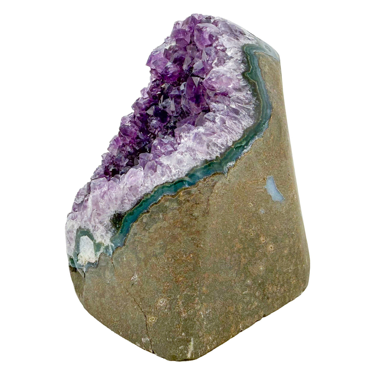 The angled three-quarter view of amethyst geode no. 130, 3.68 inches of violet druzy standing on a flat cut base.