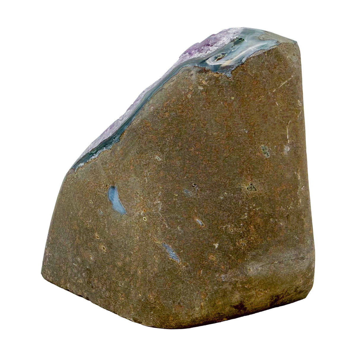 Amethyst cathedral geode no. 130 seen from the left profile, 1.96 lb of purple quartz crystal from Artigas, Uruguay.