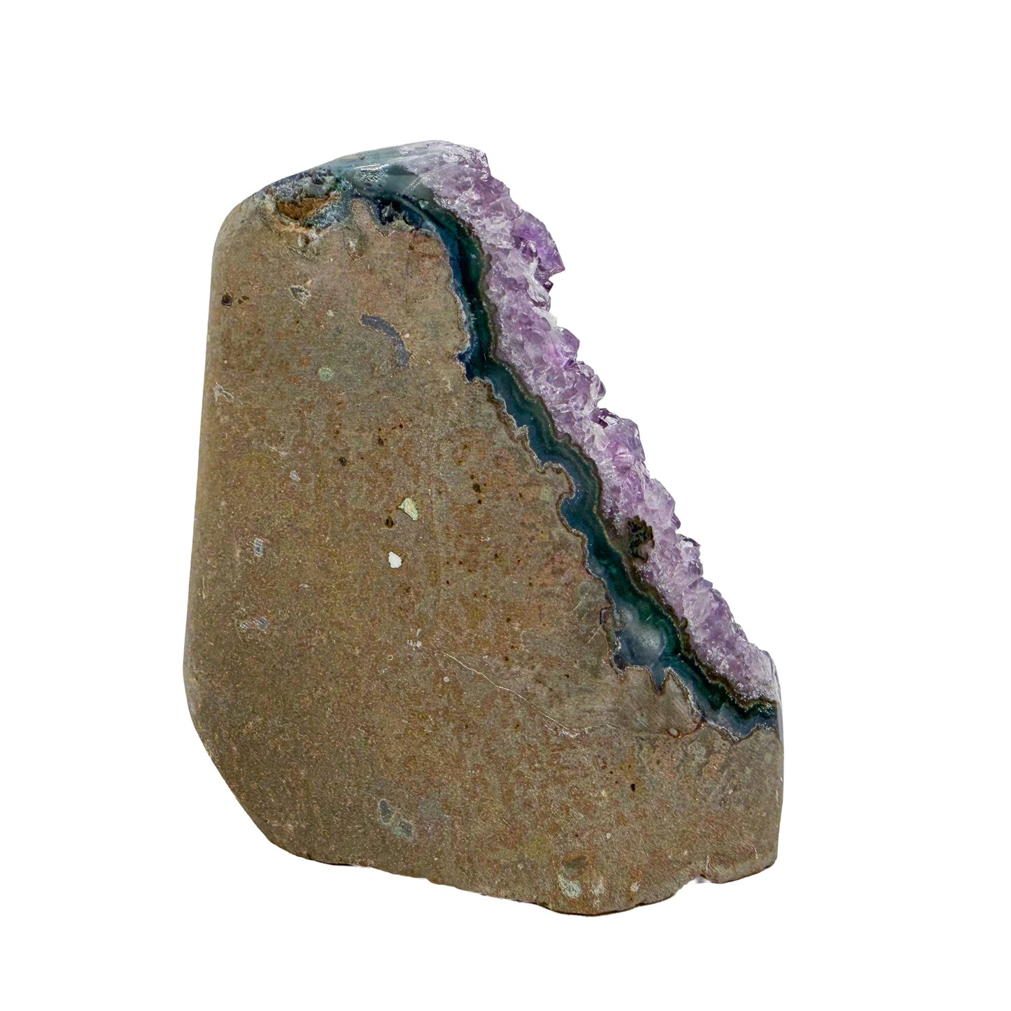 Right profile of AA amethyst geode no. 130, 4.06 inches across the polished face, natural and untreated.