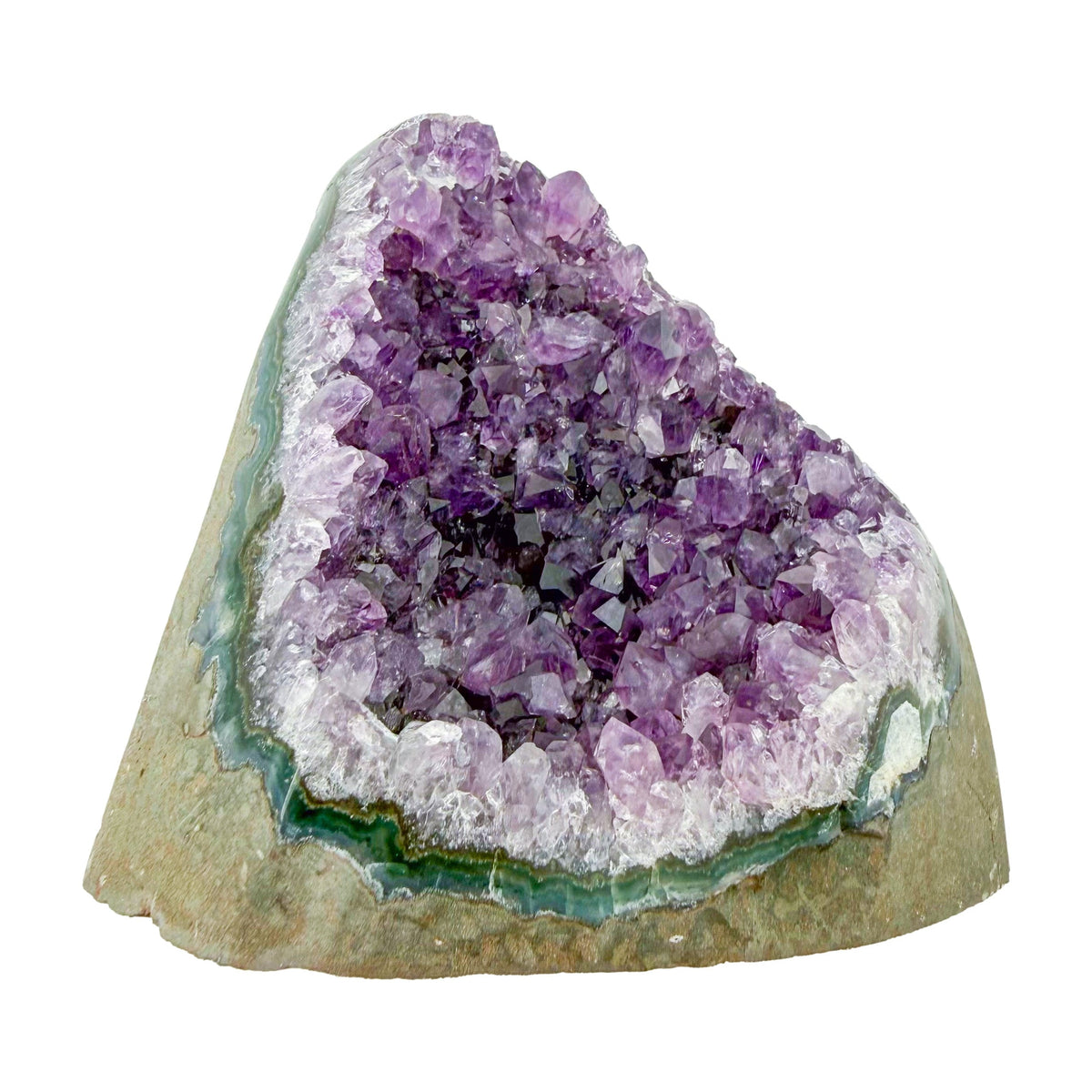 Uruguayan amethyst geode no. 130 at the reverse side, violet crystal interior framed by its polished agate shell, 1.96 lb.
