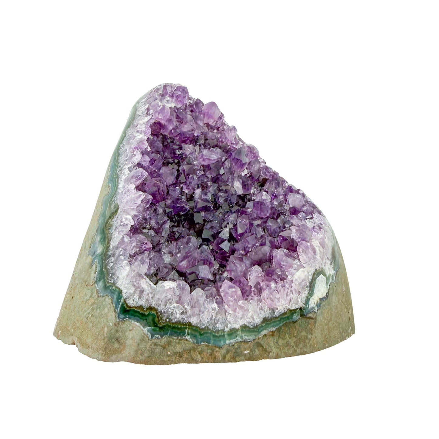 Uruguayan amethyst geode no. 130 at the reverse side, violet crystal interior framed by its polished agate shell, 1.96 lb.