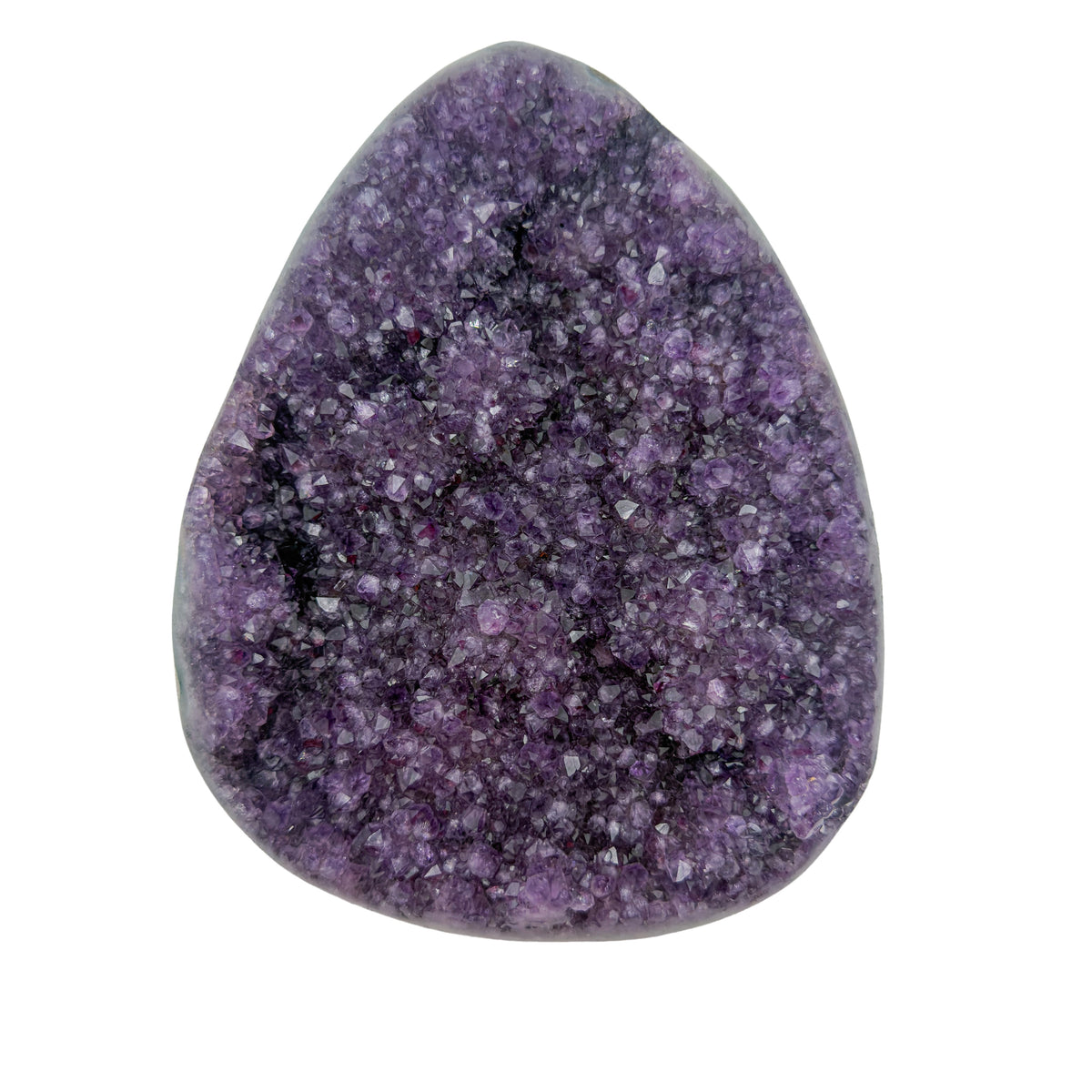 AA grade amethyst polished geode from Artigas, Uruguay, broad shield-shaped plate, pale lavender druzy across a wide open face, 7.60 x 5.94 x 2.18 in, 4.95 pounds.