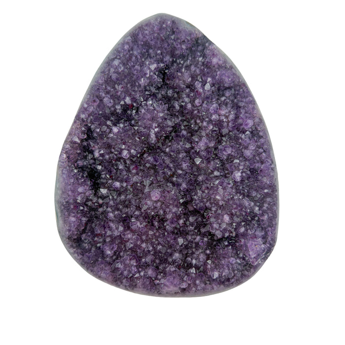 AA grade amethyst polished geode from Artigas, Uruguay, broad shield-shaped plate, pale lavender druzy across a wide open face, 7.60 x 5.94 x 2.18 in, 4.95 pounds.