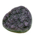 AA grade amethyst geode from Uruguay, angled three-quarter view, a green celadonite band above a tan agate rind, specimen 10.