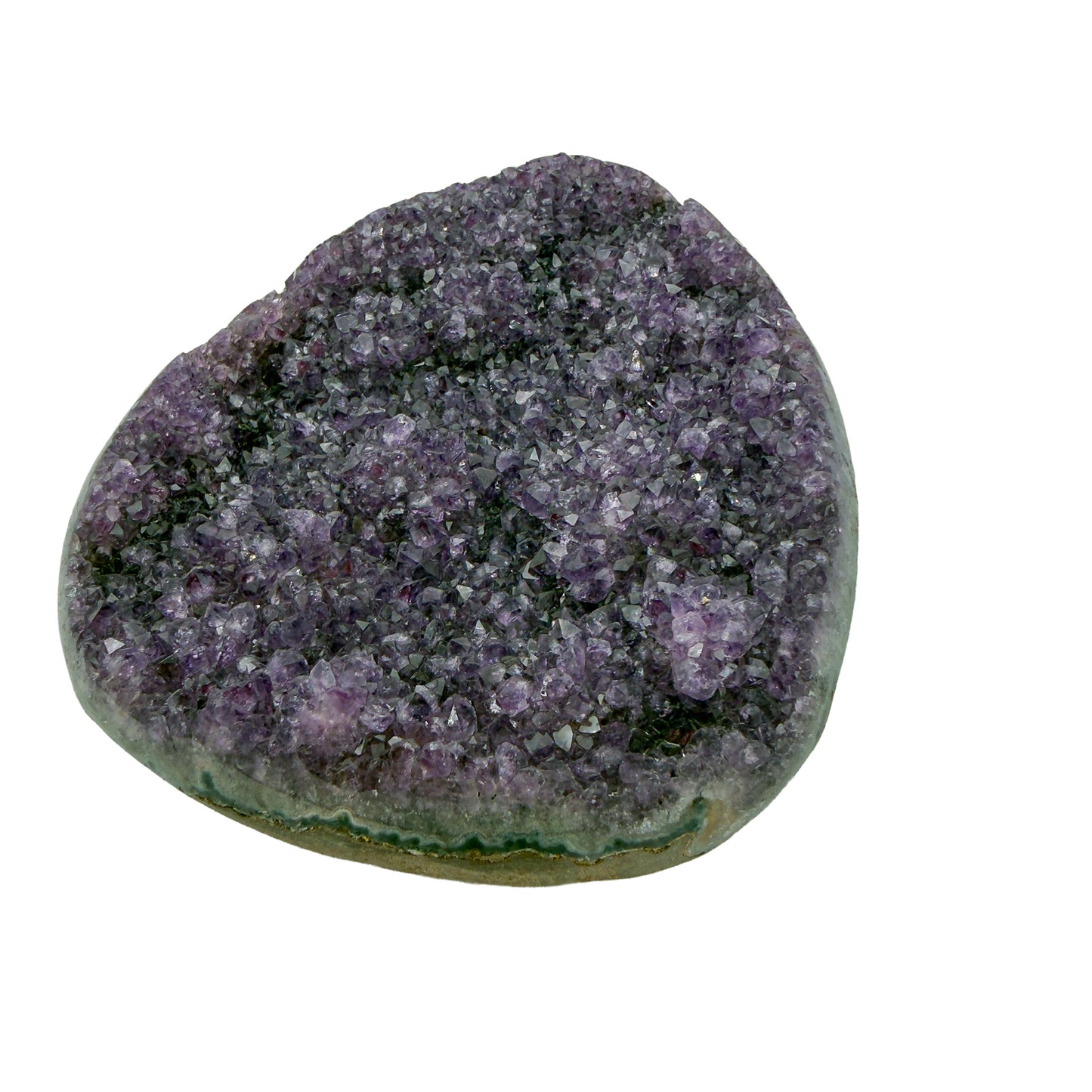 AA grade amethyst geode from Uruguay, angled three-quarter view, a green celadonite band above a tan agate rind, specimen 10.
