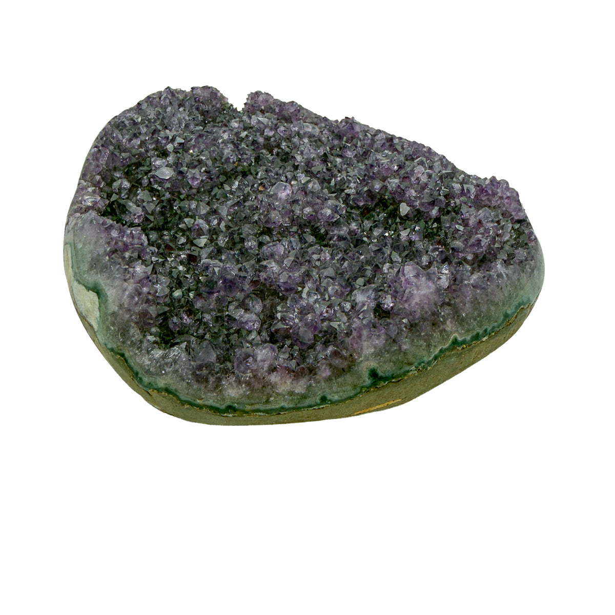 AA grade amethyst geode from Uruguay, left profile, a green celadonite band above a tan agate rind, specimen 10.
