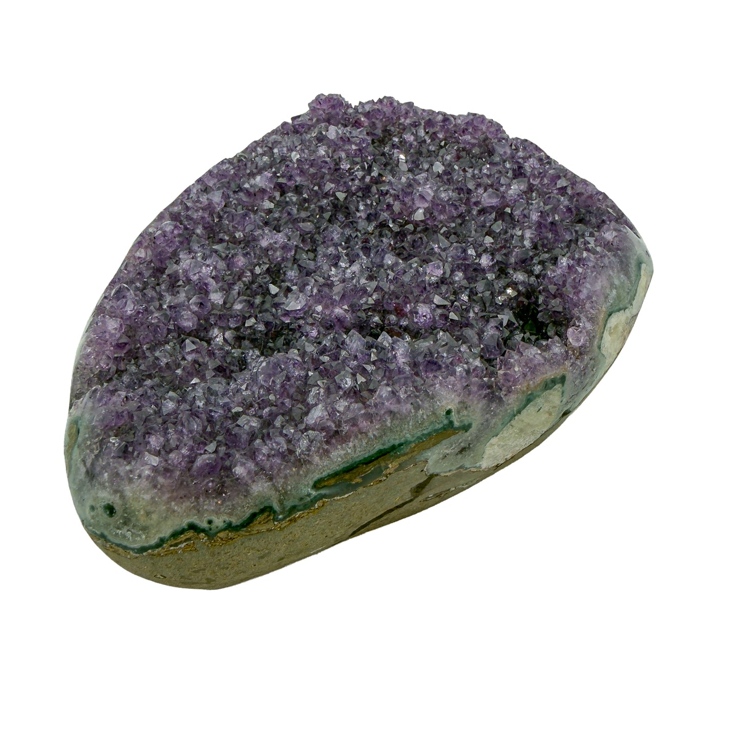 AA grade amethyst geode from Uruguay, right profile, a green celadonite band above a tan agate rind, specimen 10.