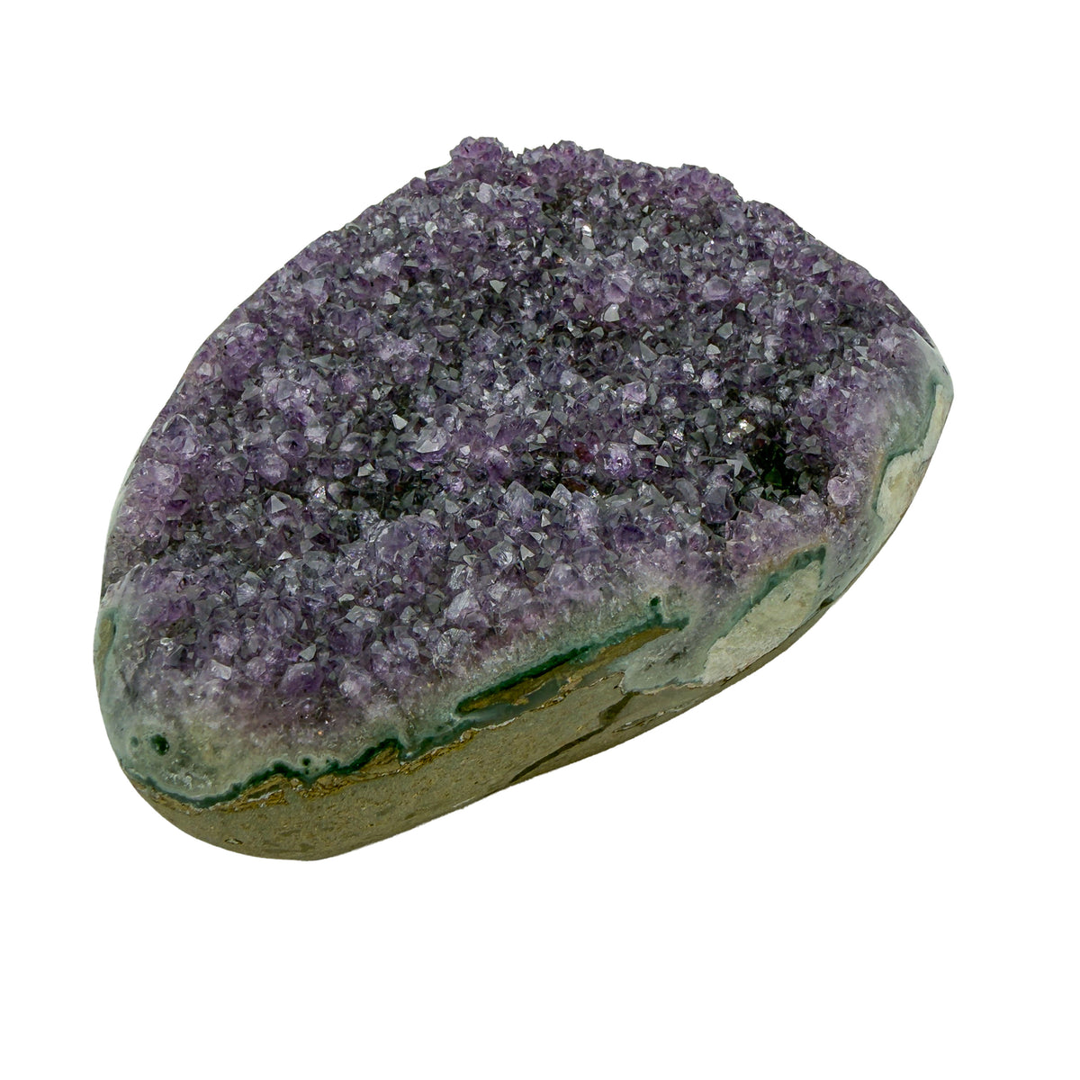 AA grade amethyst geode from Uruguay, right profile, a green celadonite band above a tan agate rind, specimen 10.