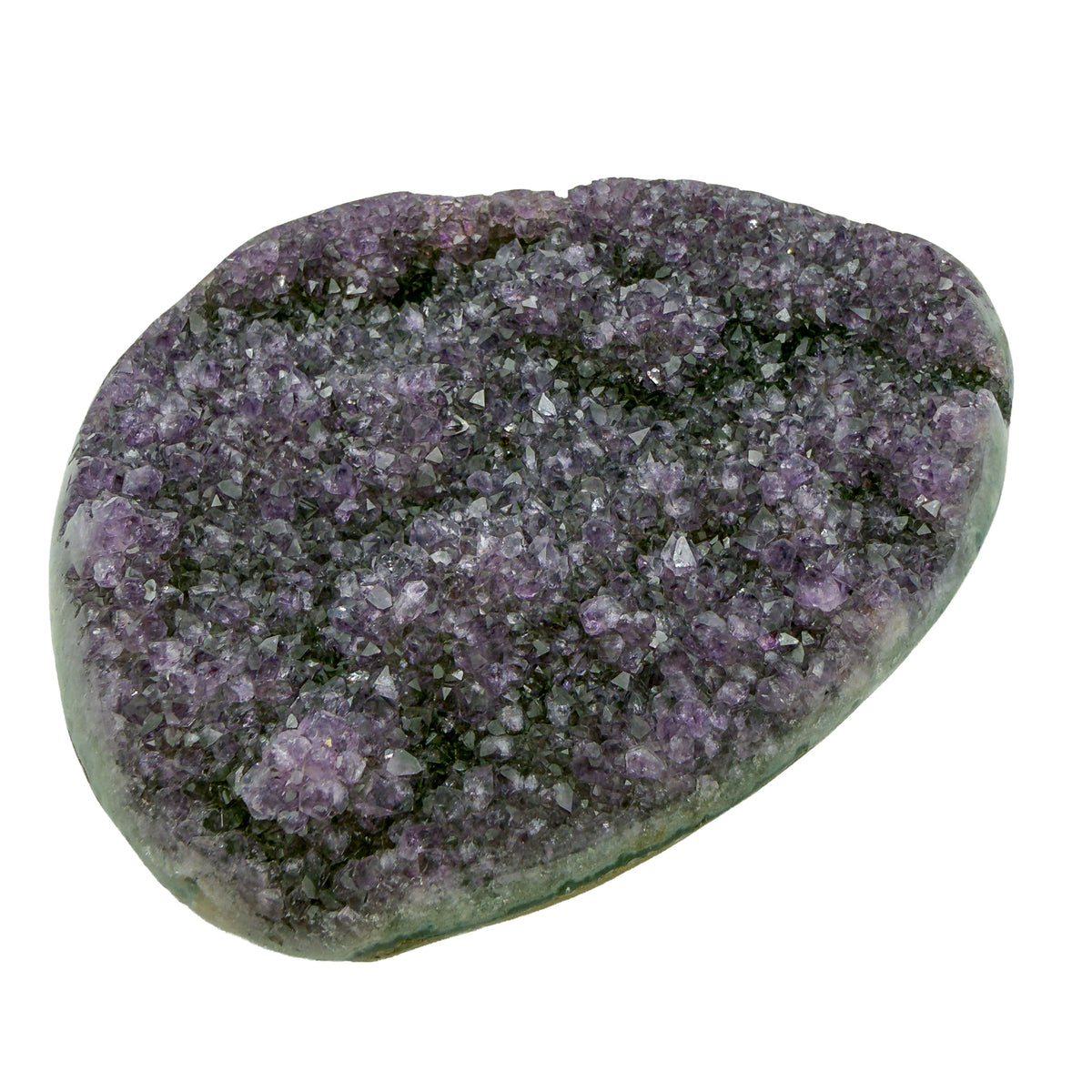 AA grade amethyst geode from Uruguay, reverse side, a green celadonite band above a tan agate rind, specimen 10.