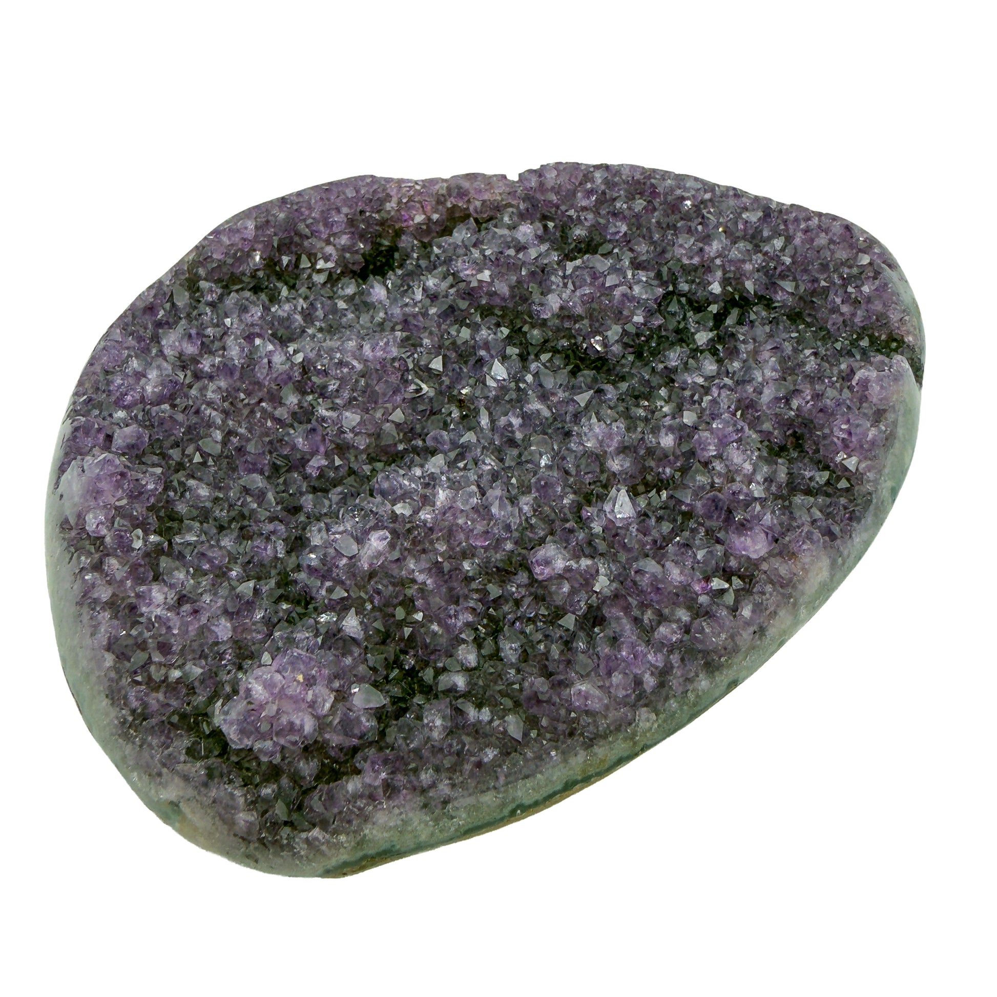 AA grade amethyst geode from Uruguay, reverse side, a green celadonite band above a tan agate rind, specimen 10.