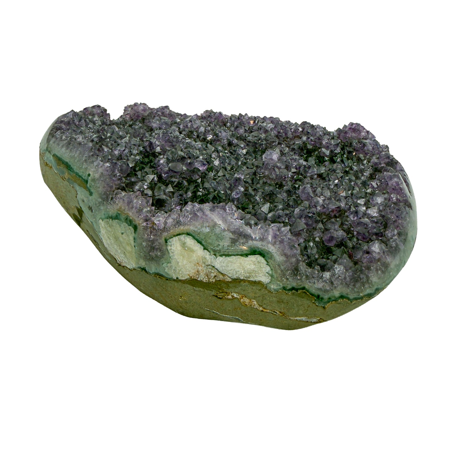AA grade amethyst geode from Uruguay, alternate angle, a green celadonite band above a tan agate rind, specimen 10.