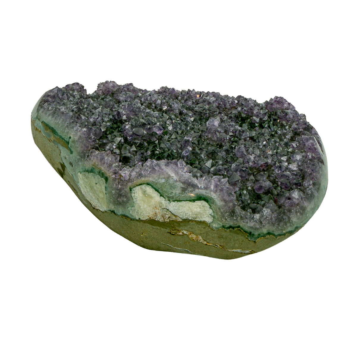 AA grade amethyst geode from Uruguay, alternate angle, a green celadonite band above a tan agate rind, specimen 10.