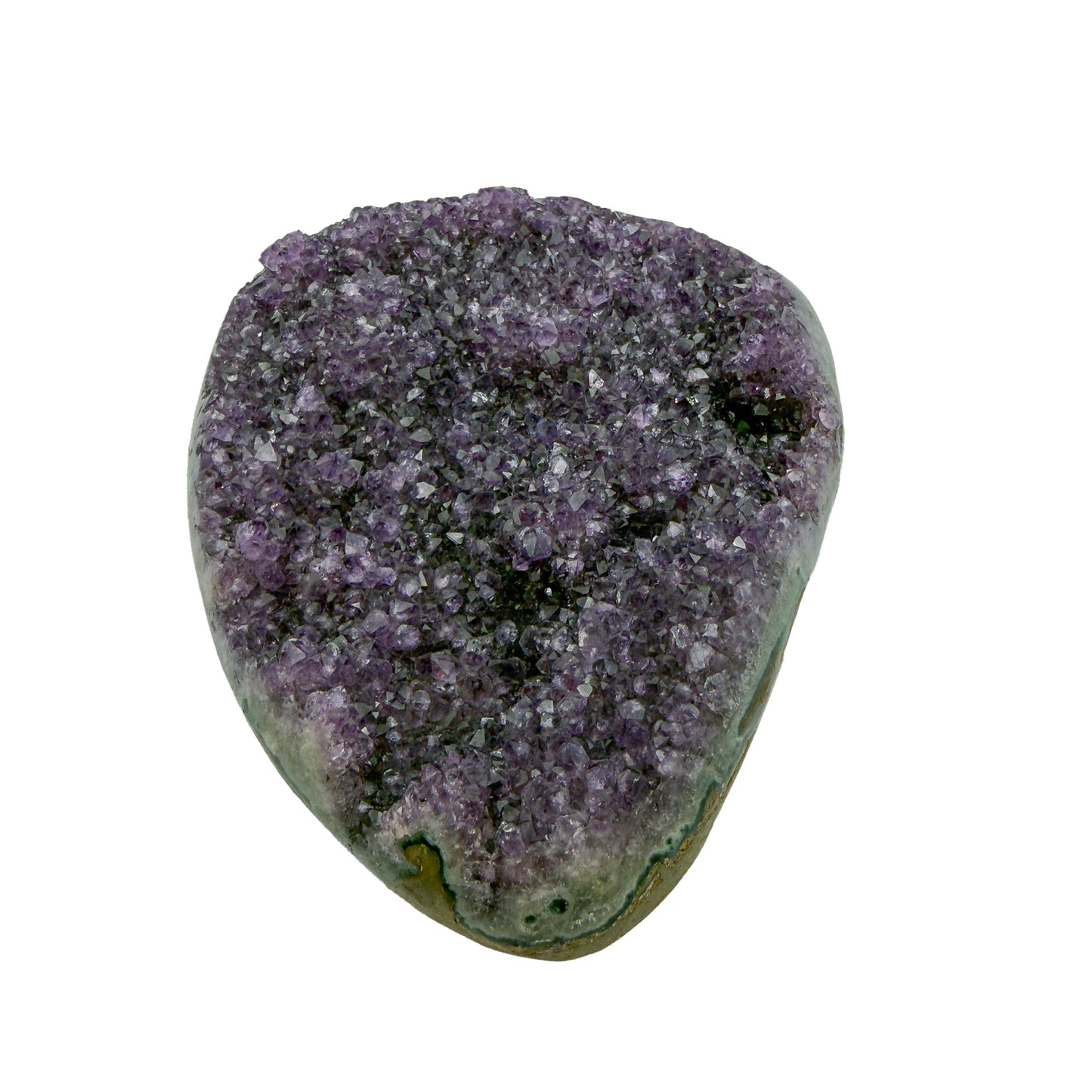 AA grade amethyst geode from Uruguay, detail of the crystal face, a green celadonite band above a tan agate rind, specimen 10.