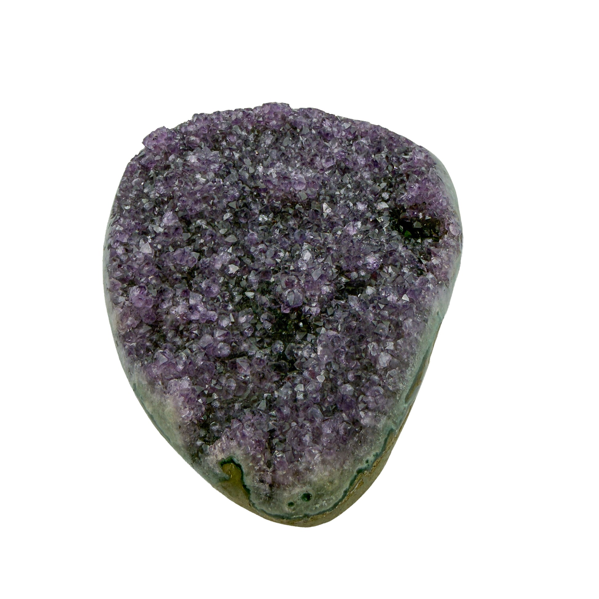 AA grade amethyst geode from Uruguay, detail of the crystal face, a green celadonite band above a tan agate rind, specimen 10.