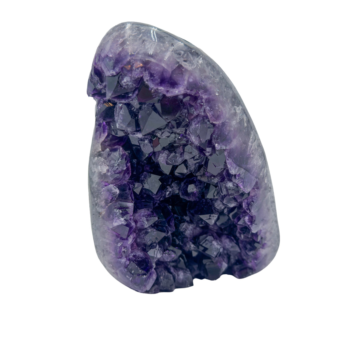 AAA grade amethyst geode from Uruguay, angled three-quarter view, a grey-green shell with an olive mineral seam on one face, specimen 15.