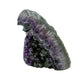 AAA grade amethyst geode from Uruguay, left profile, a grey-green shell with an olive mineral seam on one face, specimen 15.