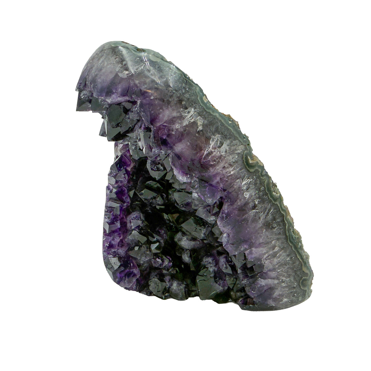 AAA grade amethyst geode from Uruguay, left profile, a grey-green shell with an olive mineral seam on one face, specimen 15.