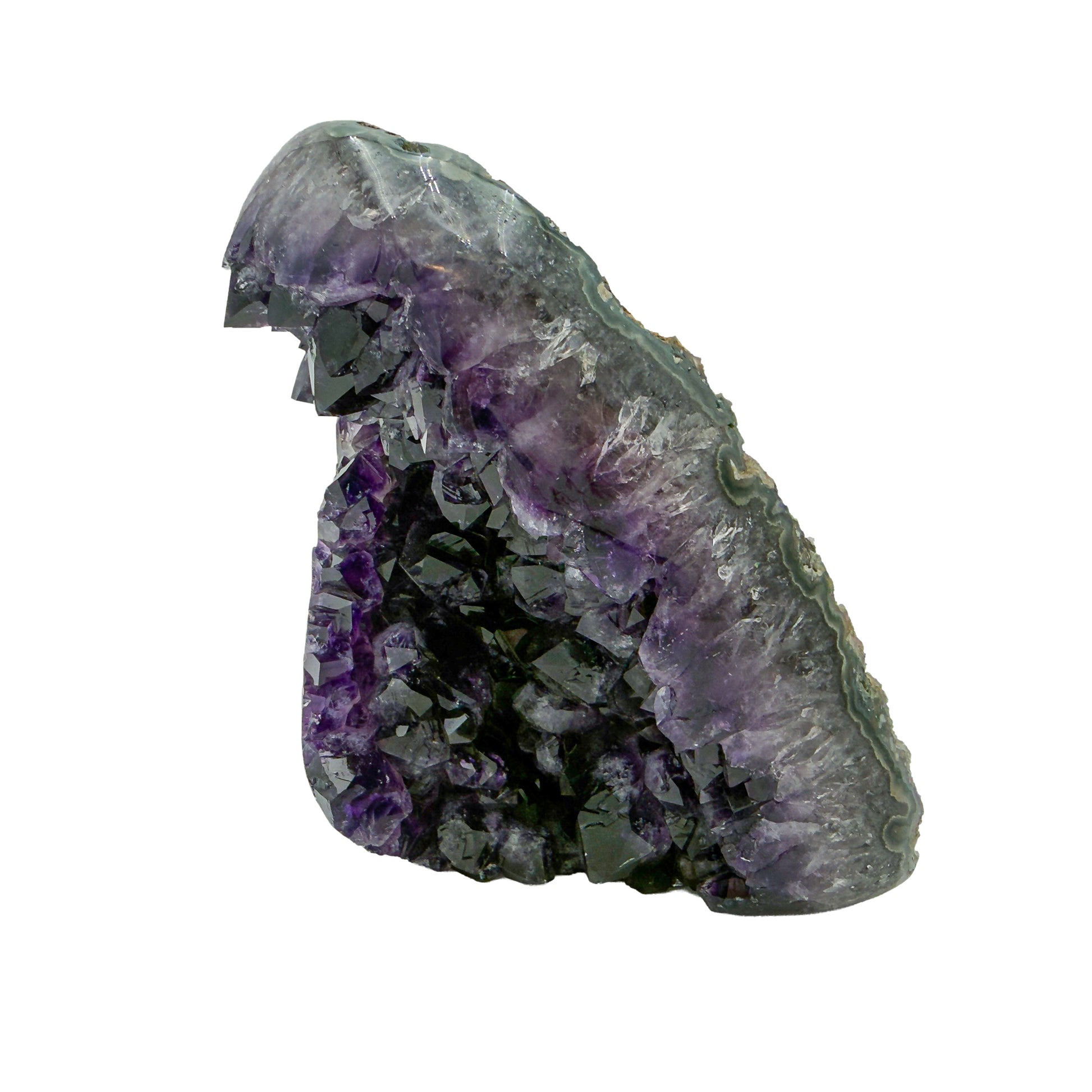 AAA grade amethyst geode from Uruguay, left profile, a grey-green shell with an olive mineral seam on one face, specimen 15.