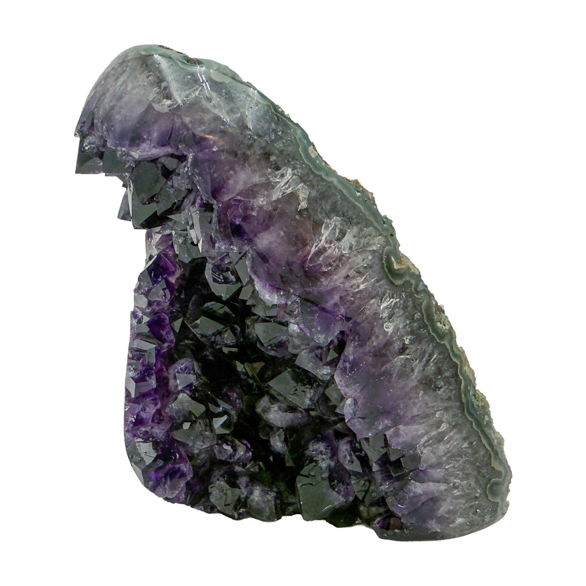 AAA grade amethyst geode from Uruguay, left profile, a grey-green shell with an olive mineral seam on one face, specimen 15.