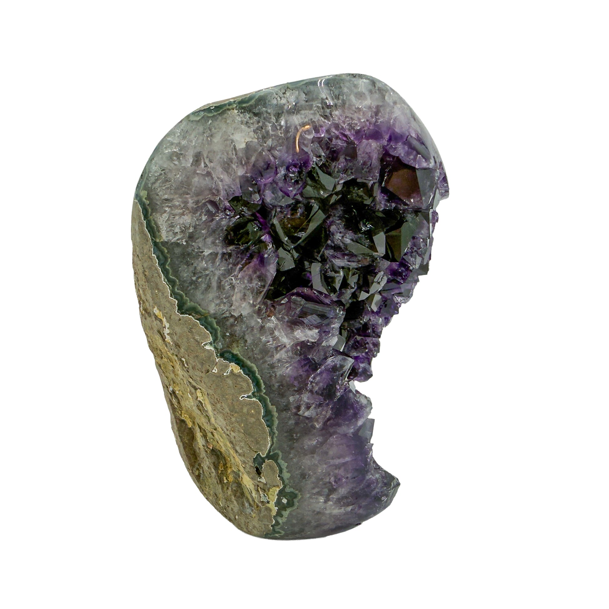 AAA grade amethyst geode from Uruguay, right profile, a grey-green shell with an olive mineral seam on one face, specimen 15.