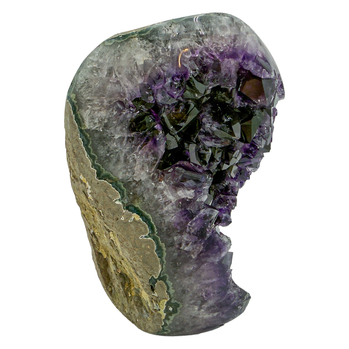 AAA grade amethyst geode from Uruguay, right profile, a grey-green shell with an olive mineral seam on one face, specimen 15.