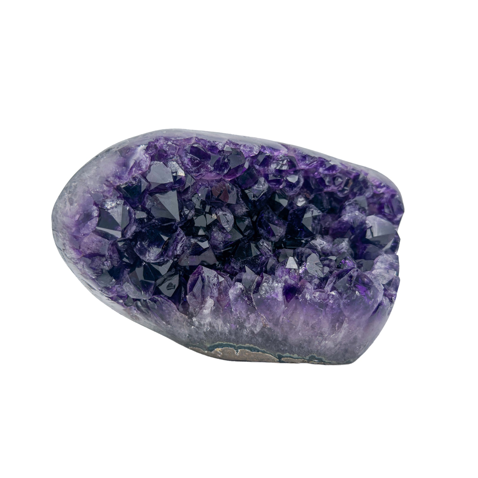 AAA grade amethyst geode from Uruguay, reverse side, a grey-green shell with an olive mineral seam on one face, specimen 15.