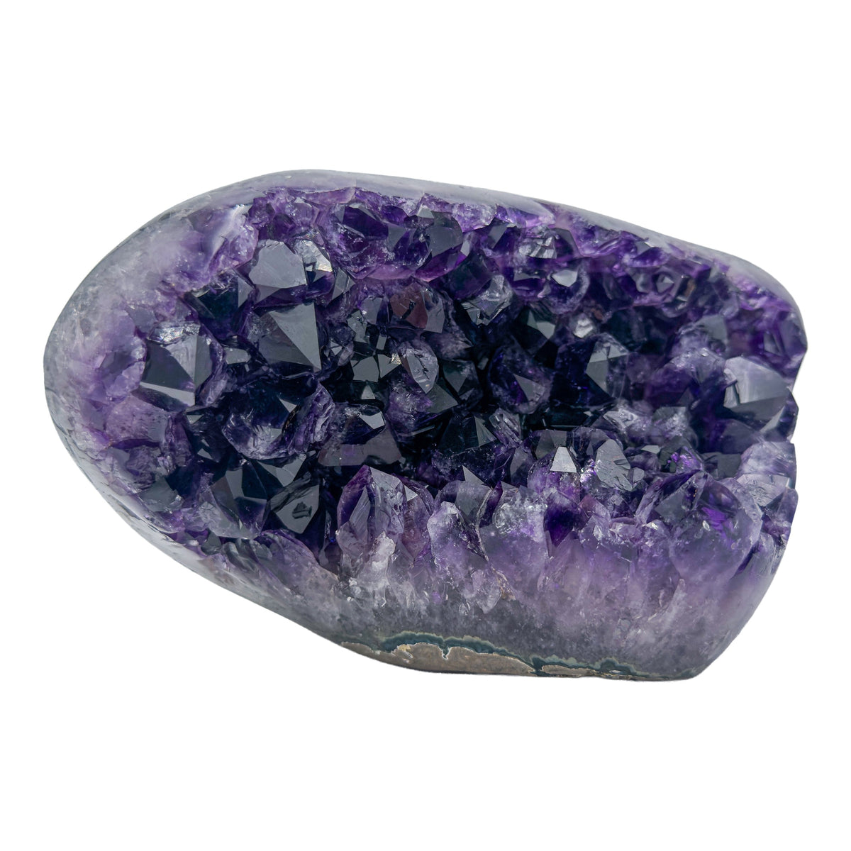 AAA grade amethyst geode from Uruguay, reverse side, a grey-green shell with an olive mineral seam on one face, specimen 15.