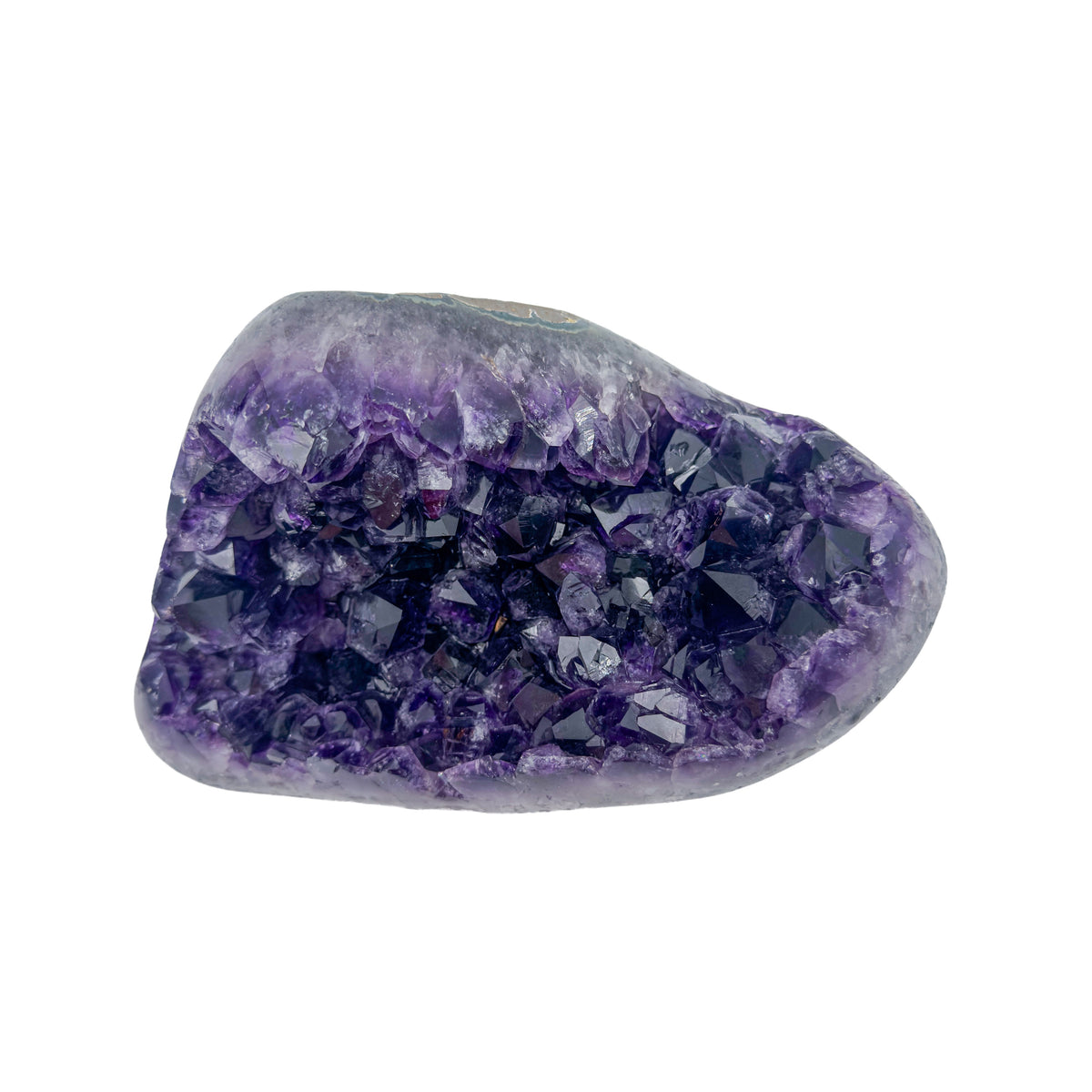 AAA grade amethyst geode from Uruguay, alternate angle, a grey-green shell with an olive mineral seam on one face, specimen 15.