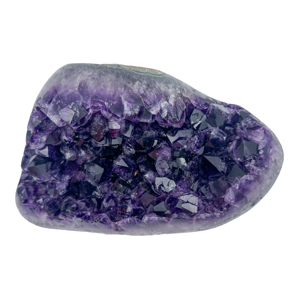 AAA grade amethyst geode from Uruguay, alternate angle, a grey-green shell with an olive mineral seam on one face, specimen 15.