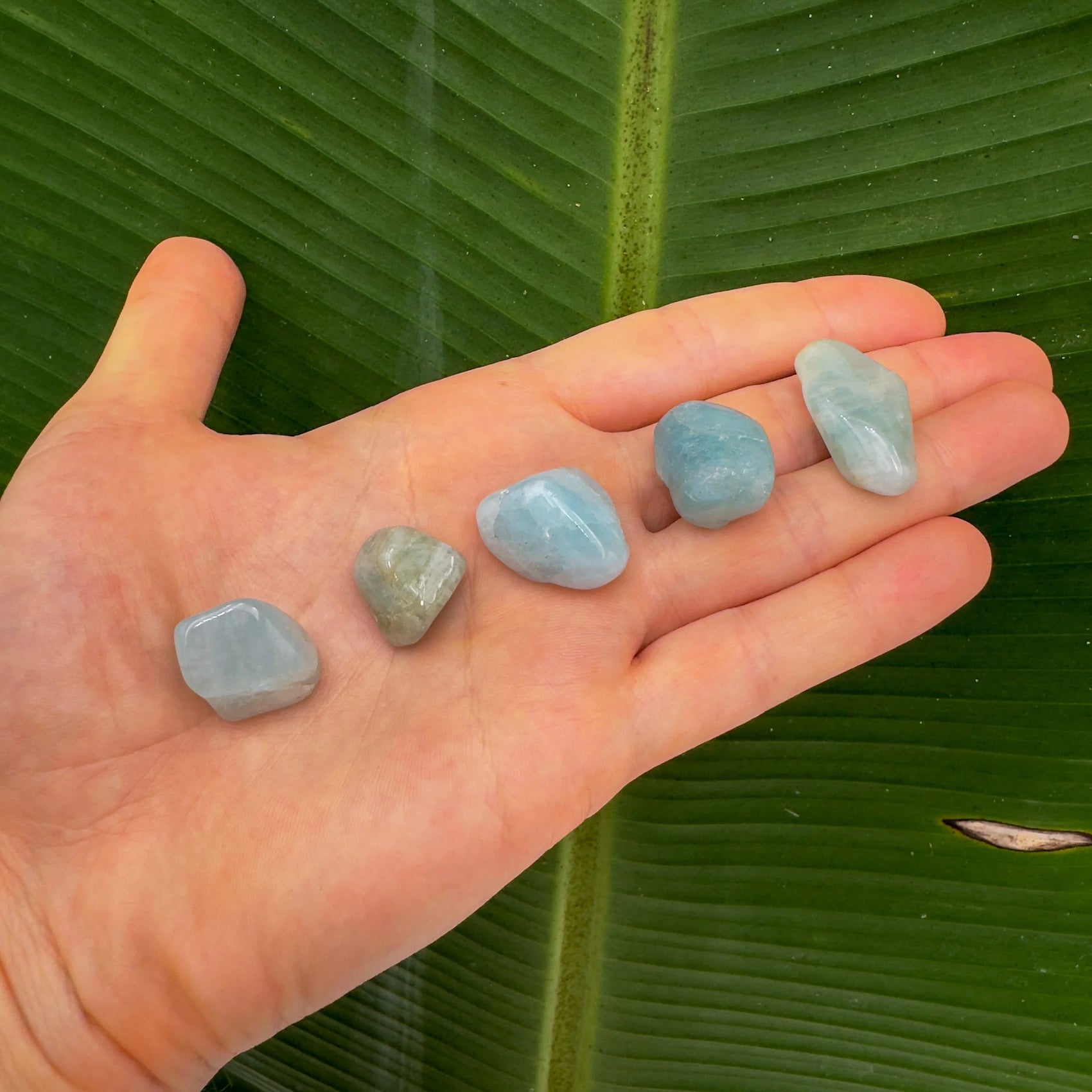 Full profile of Grade A Aquamarine tumbled stone ready to ship from Beyond Bohemian
