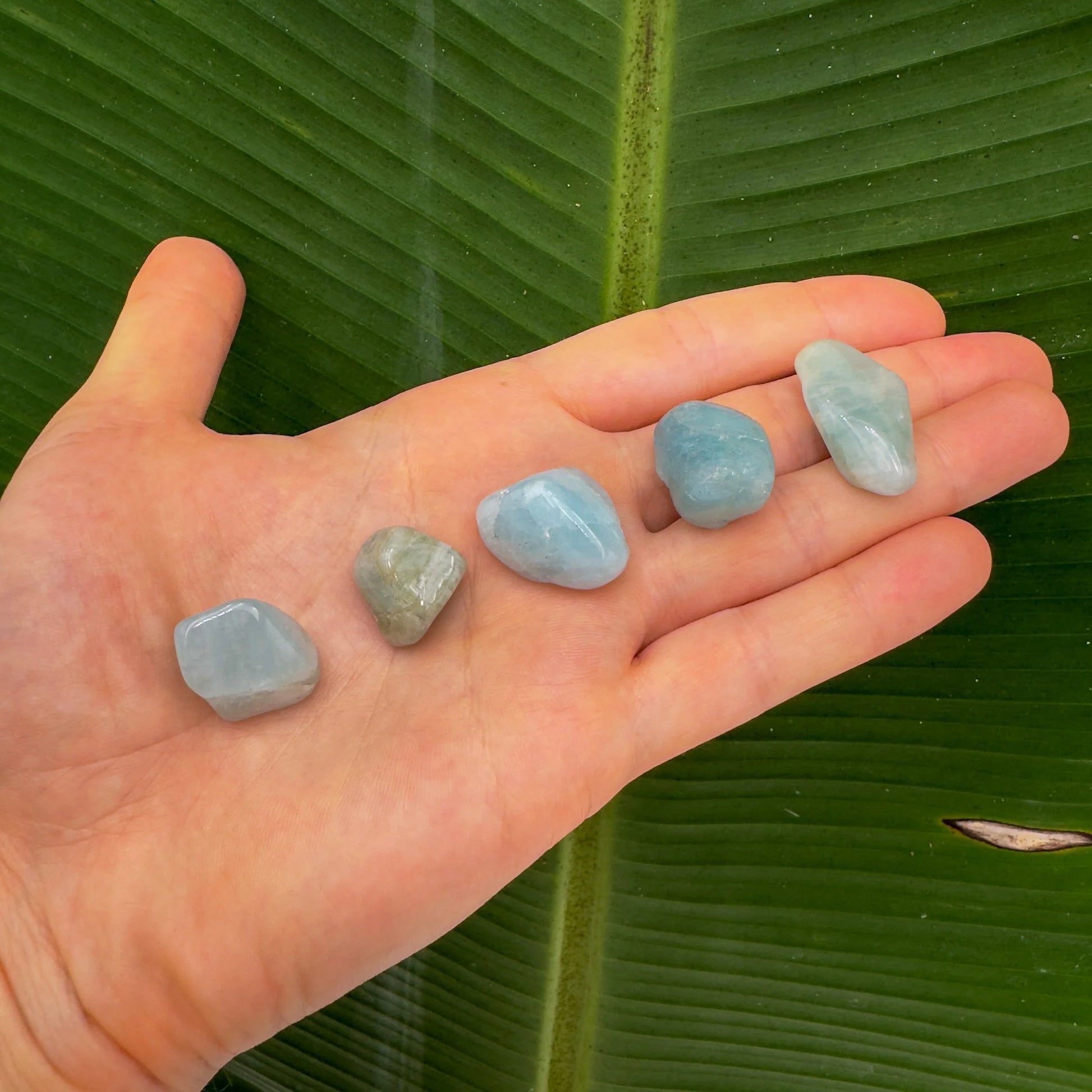 Full profile of Grade A Aquamarine tumbled stone ready to ship from Beyond Bohemian