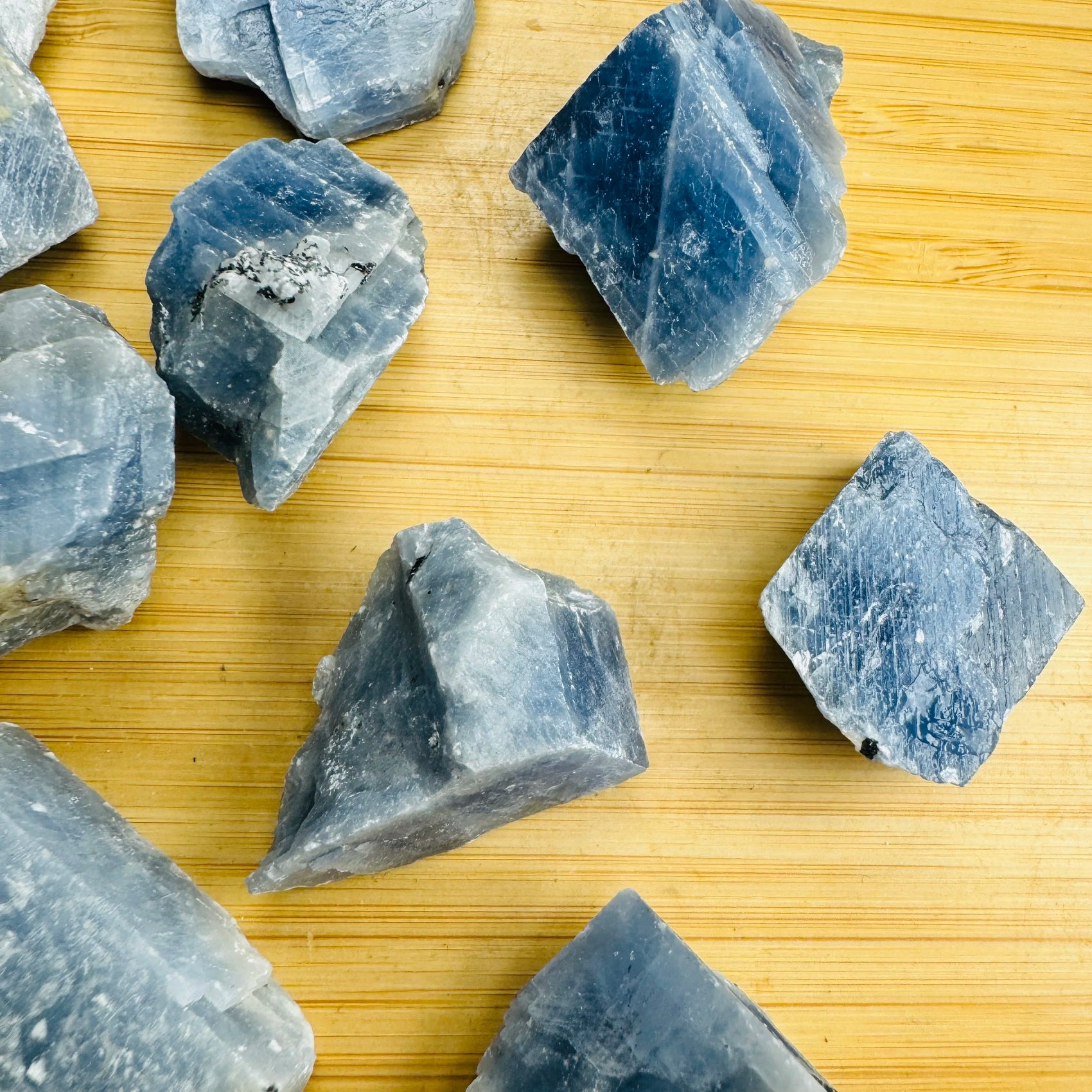 Side profile of Blue Calcite raw stone, associated with Stress Relief and Emotional Healing, from Namibia.