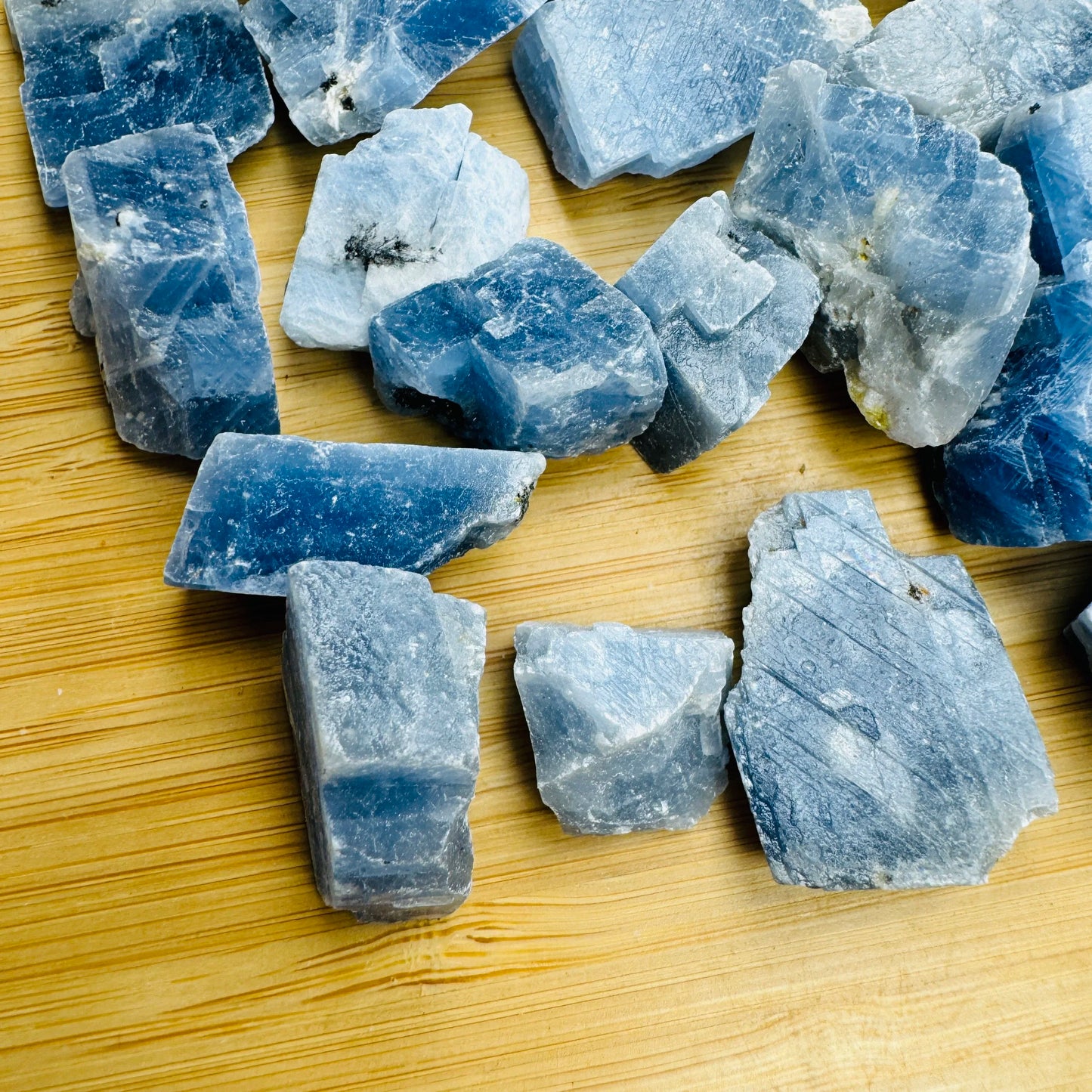 Underside view of Blue Calcite raw stone, turned to for Stress Relief.