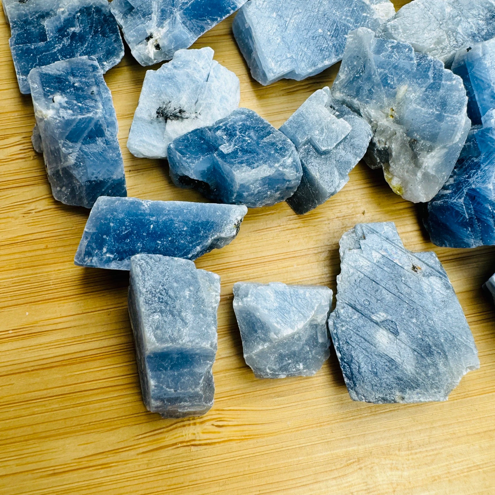 Underside view of Blue Calcite raw stone, turned to for Stress Relief.