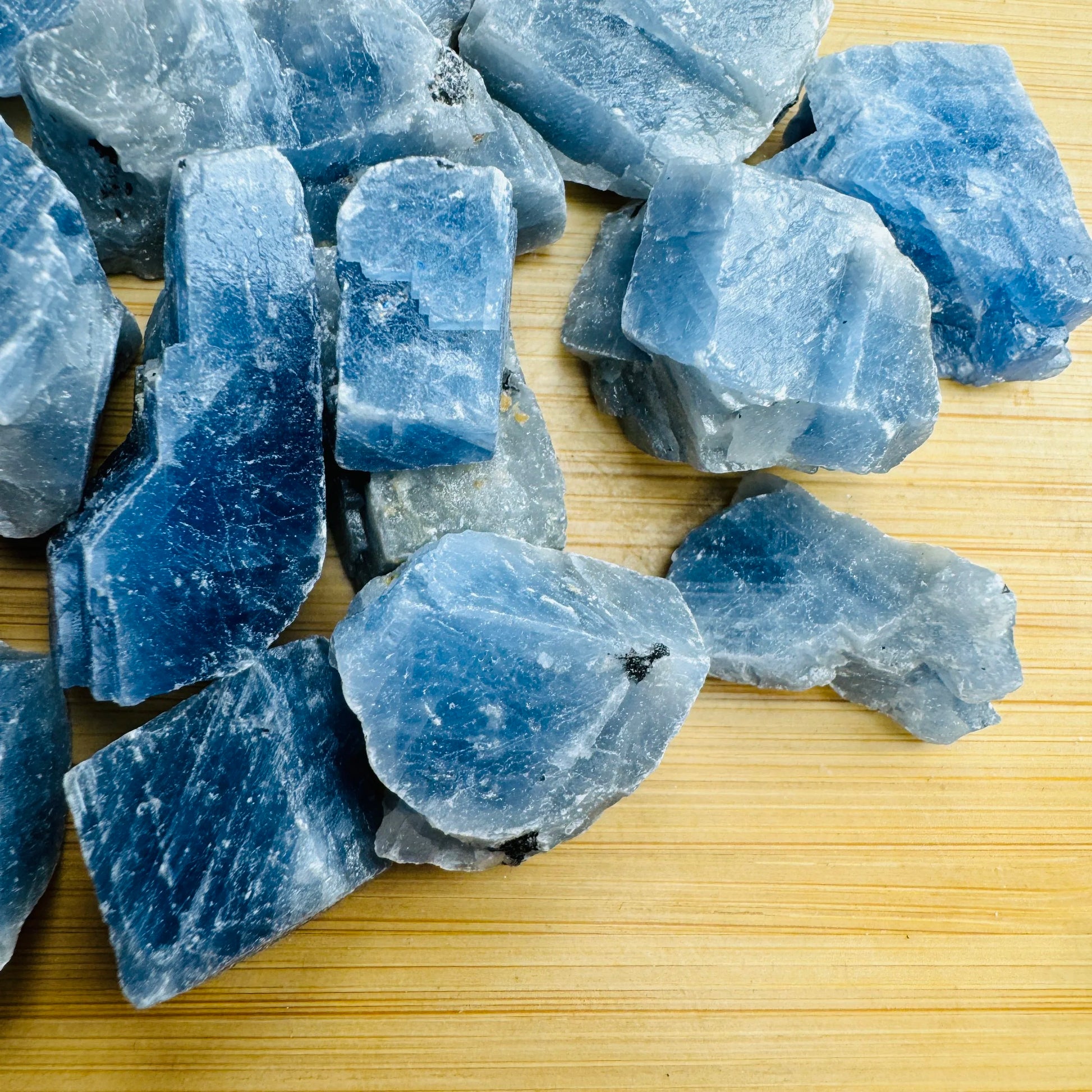 Natural surface of Blue Calcite raw stone, showing tight grain, hand-selected from Erongo, Namibia.