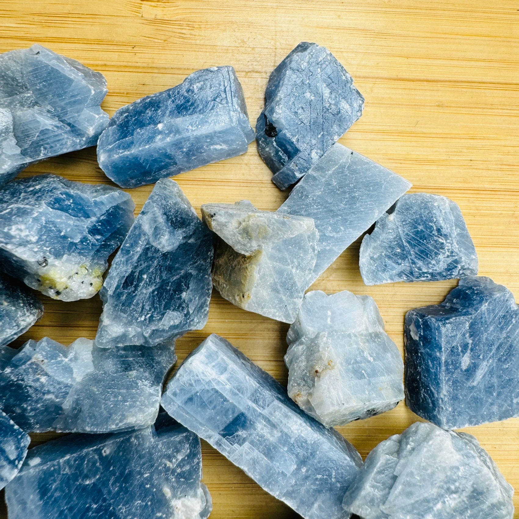 Edge-on view of Blue Calcite raw stone, associated with Stress Relief and Emotional Healing, Namibia-sourced.