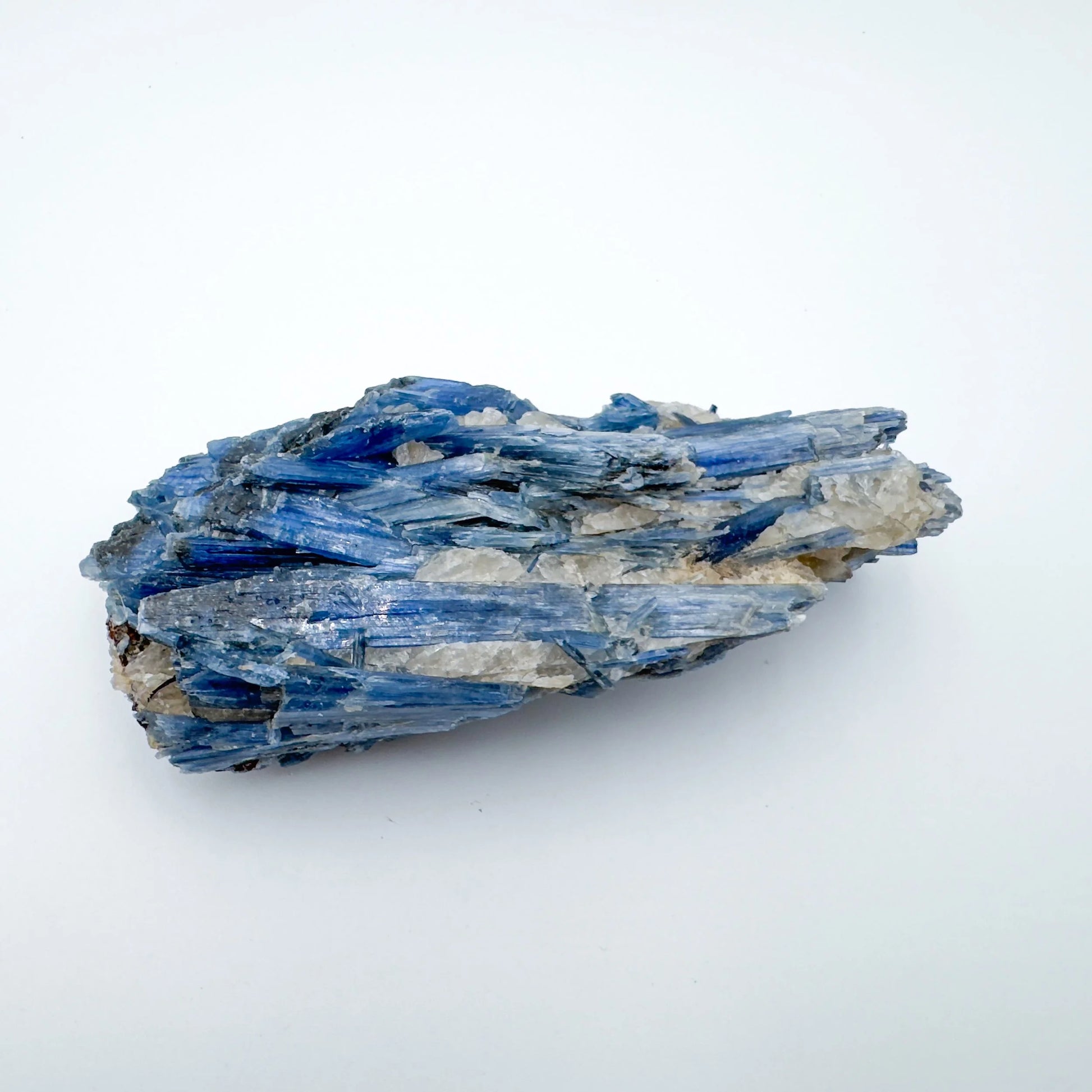 Palm-scale view of a single Blue Kyanite specimen from Minas Gerais, Brazil.