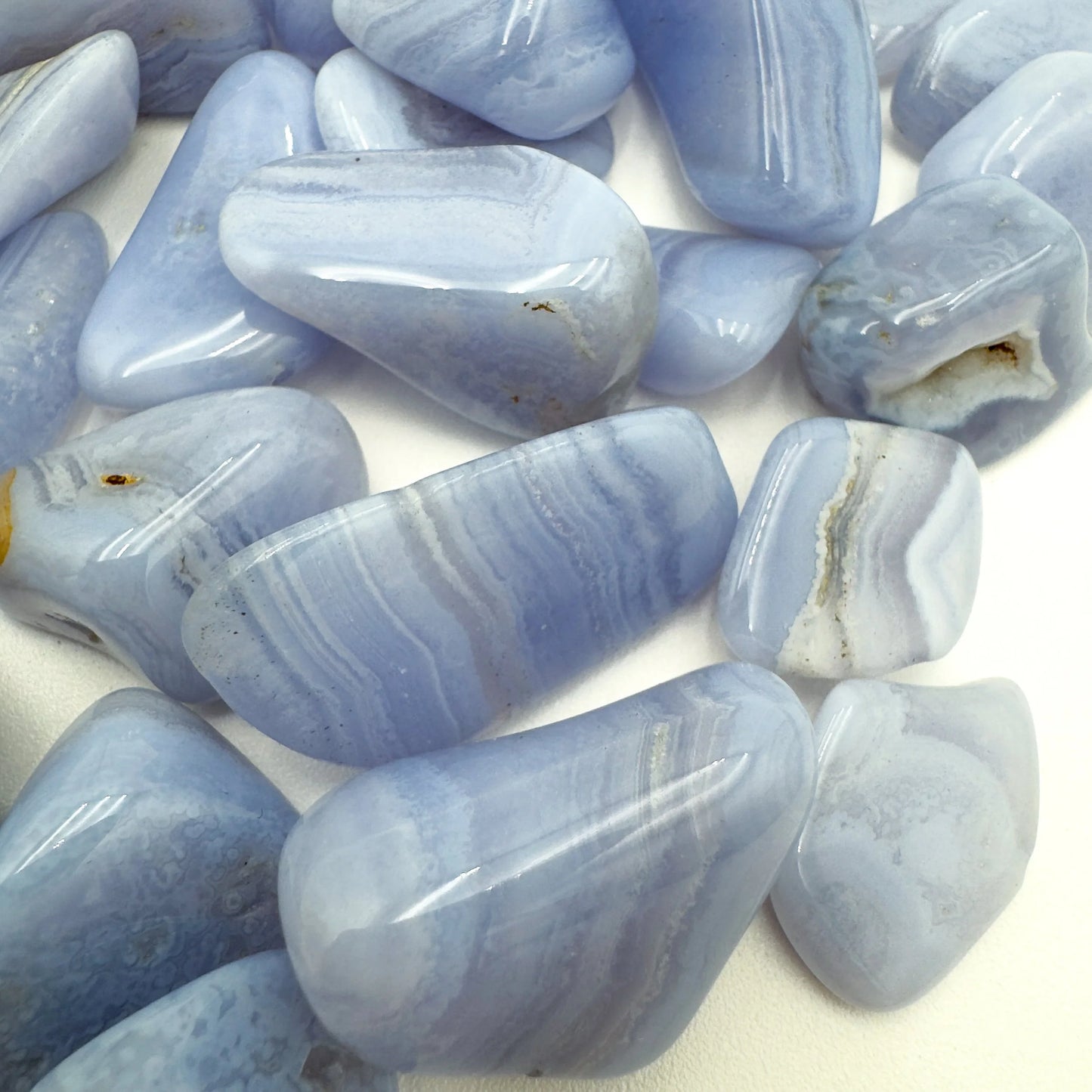 Plan view of Blue Lace Agate tumbled stone, sourced from ǁKaras Region, Namibia.