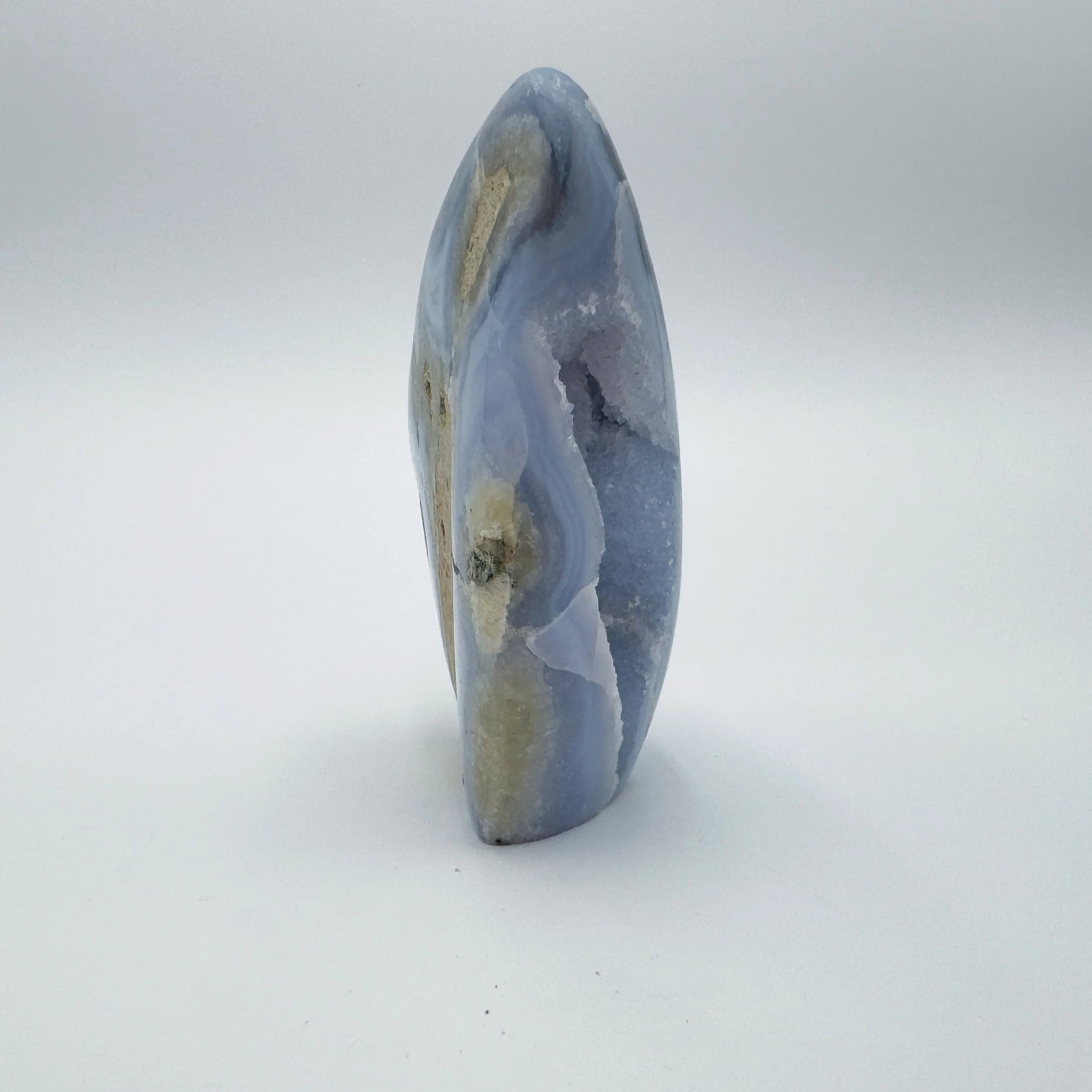 Aerial view of Blue Lace Agate raw geode, showing subtle veining.