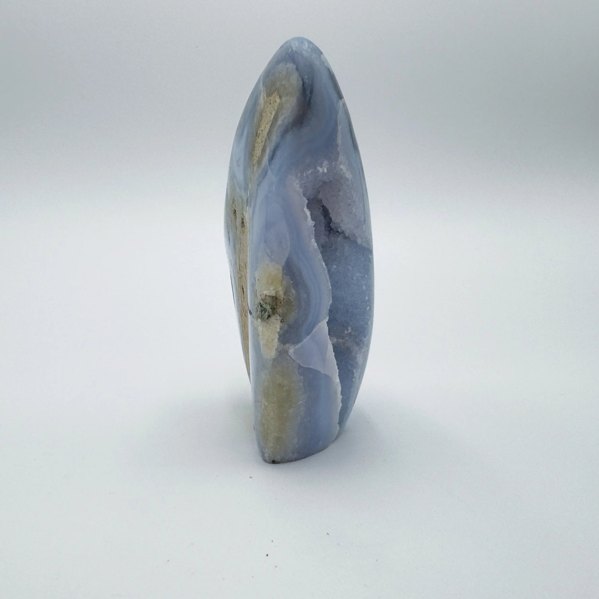 Aerial view of Blue Lace Agate raw geode, showing subtle veining.