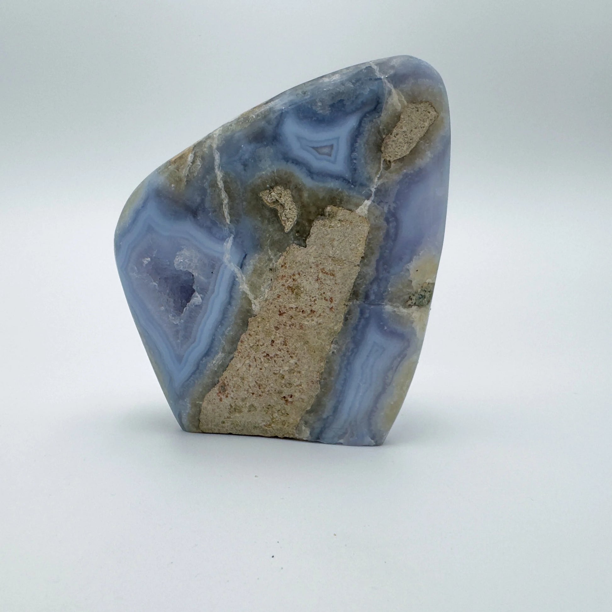 Alternate angle of Blue Lace Agate raw geode, from Malawi, turned to for Stress Relief.