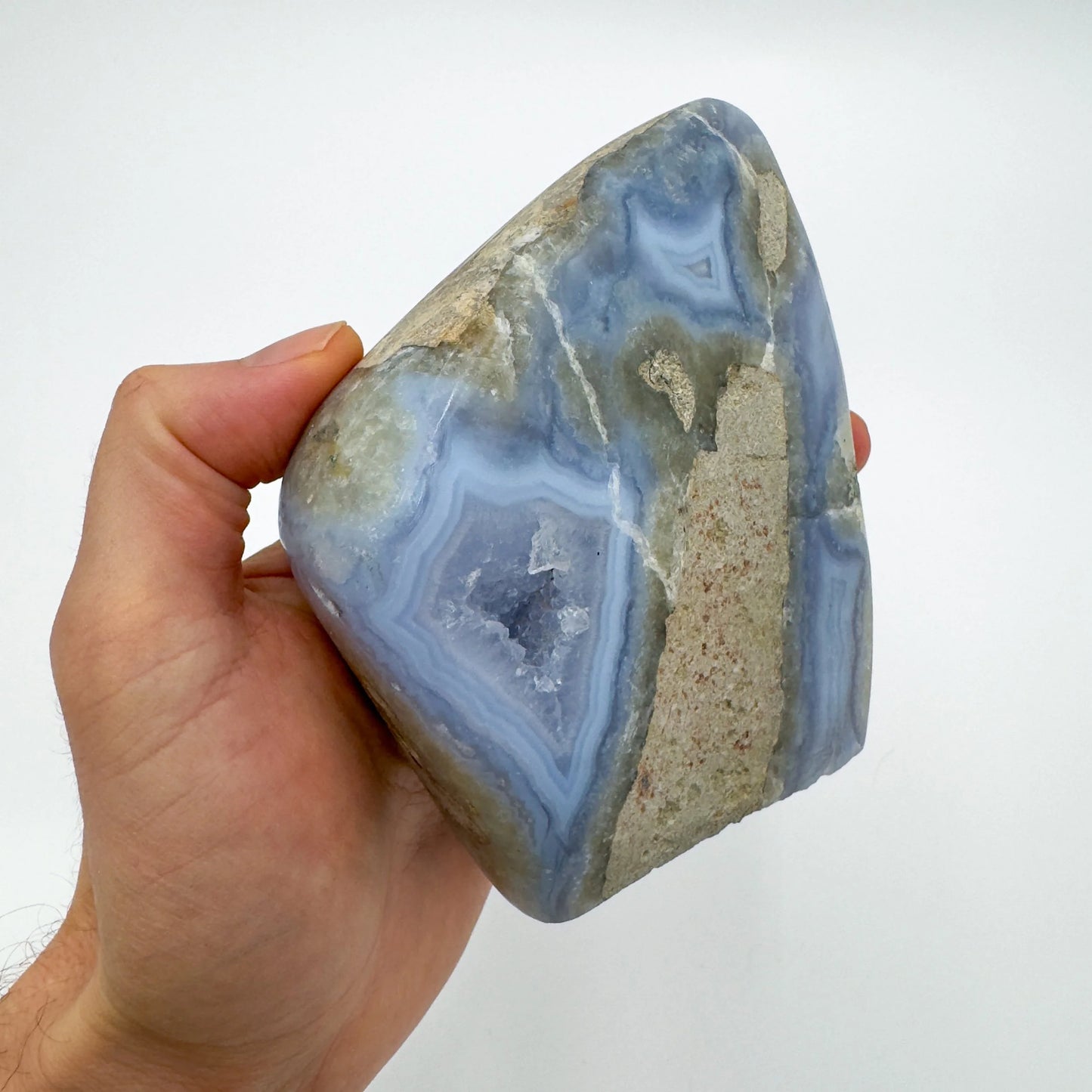 Back view of Grade AA Blue Lace Agate geode showing natural surface