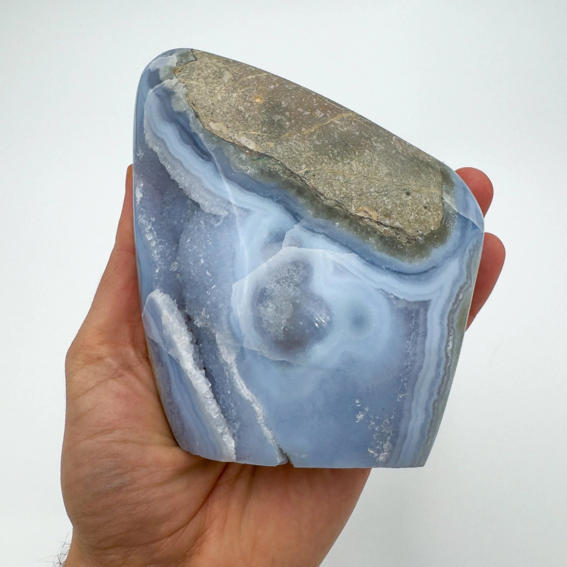 Full profile of Grade AA Blue Lace Agate geode ready to ship from Beyond Bohemian
