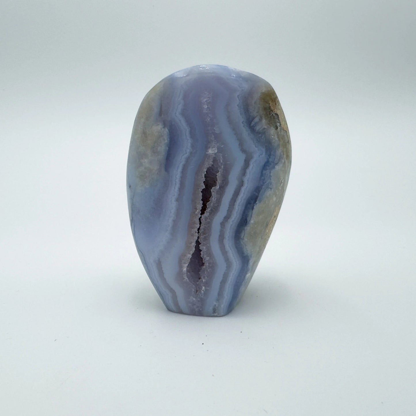 Natural surface of Blue Lace Agate raw geode, showing natural color depth.