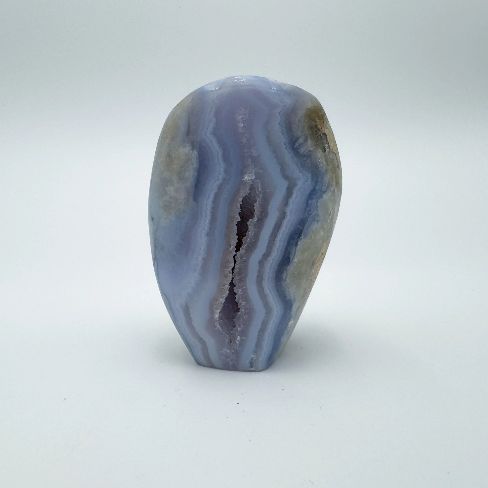 Natural surface of Blue Lace Agate raw geode, showing natural color depth.